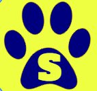 The letter s inside a paw print inside a yellow box